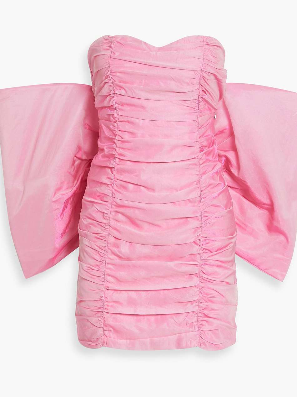 strapless bow-detailed ruched organza mini dress