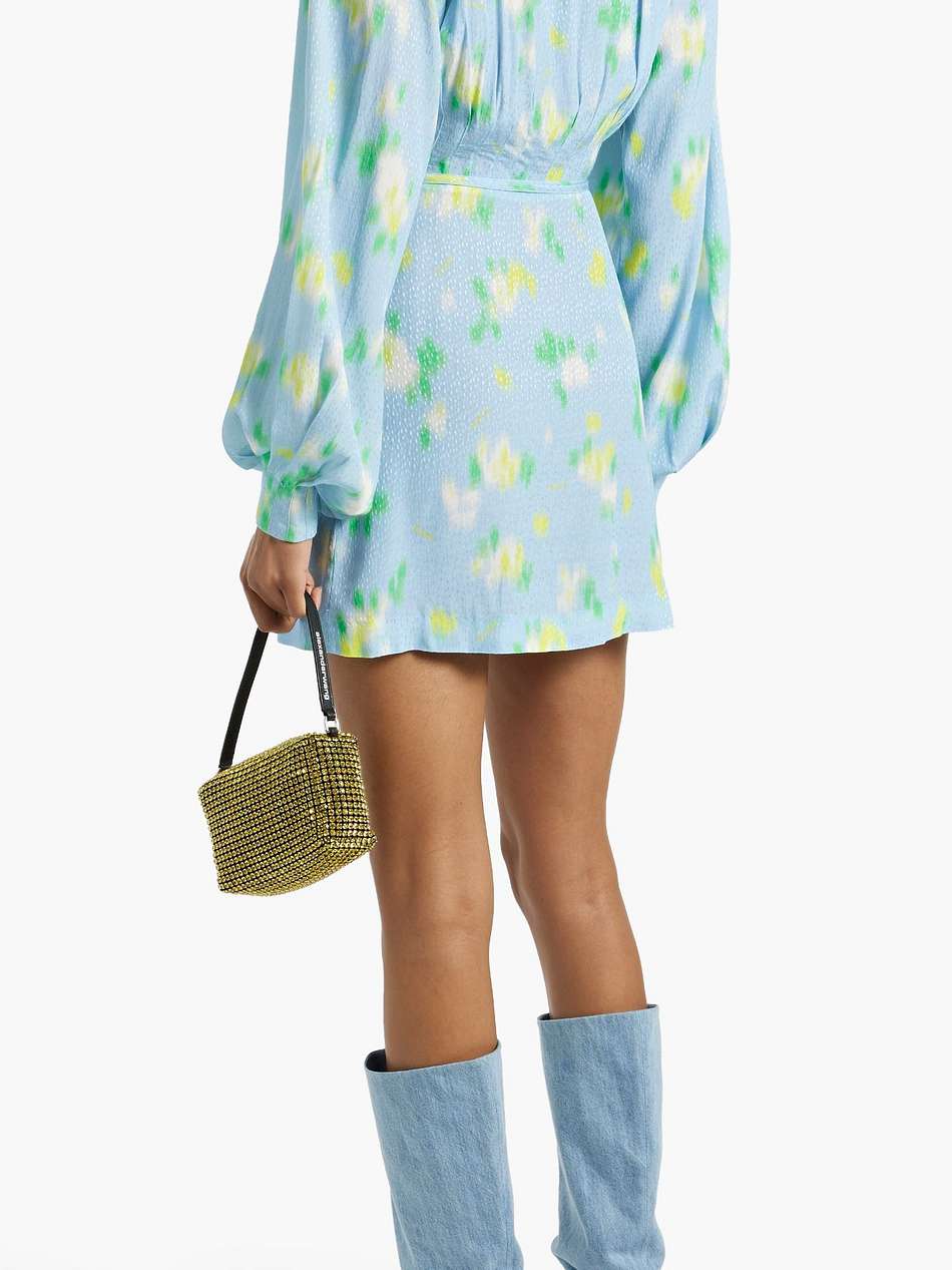 pleated printed jacquard mini wrap dress