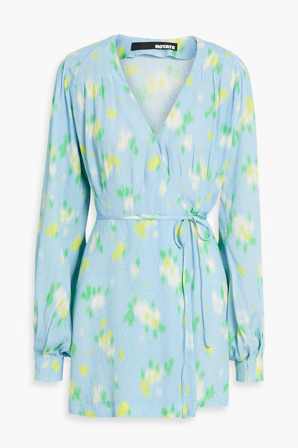 Rotate Birger Christensen Magda Wrap-effect Floral-print Jacquard Mini Dress In Light Blue