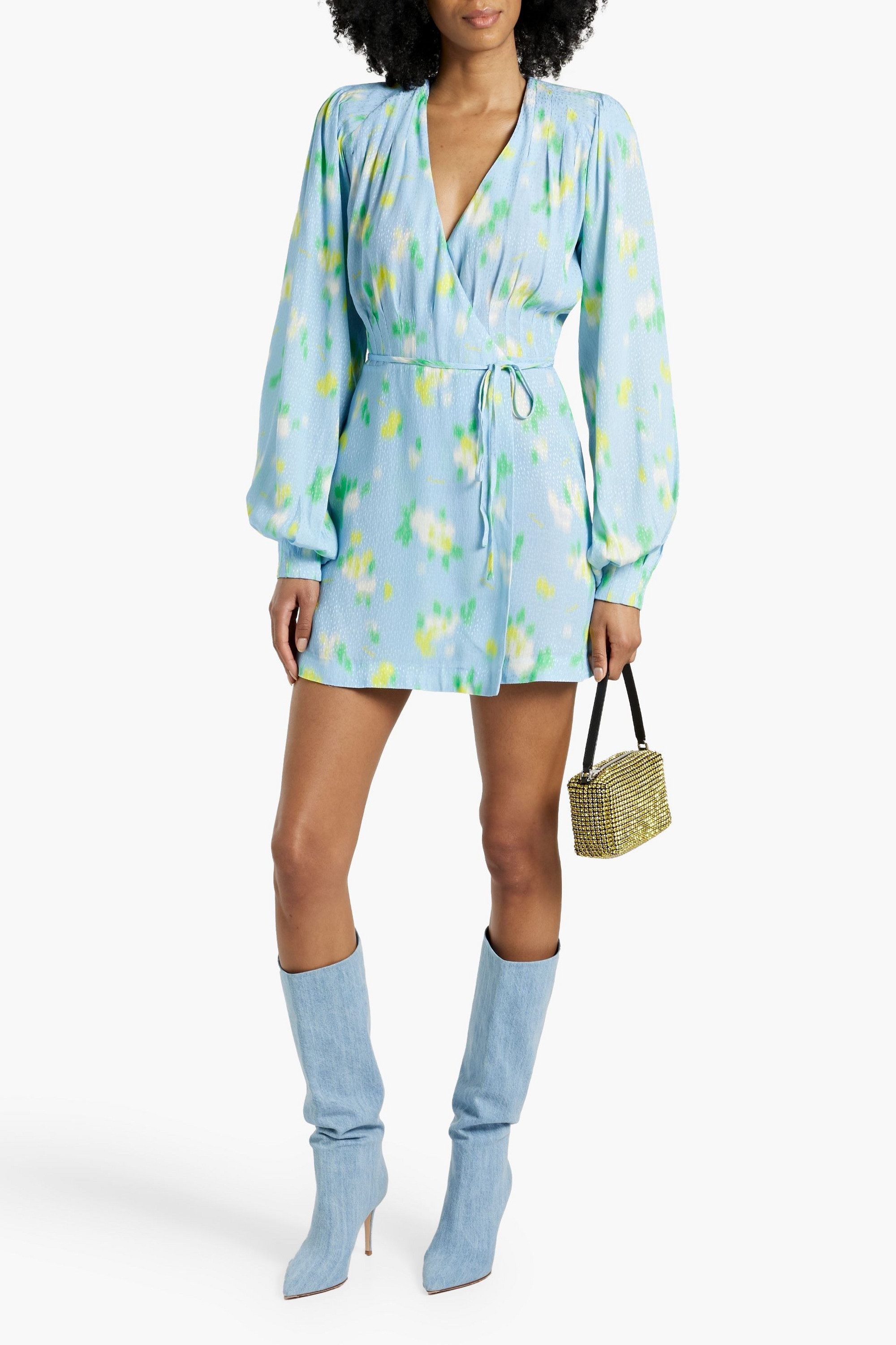 ROTATE Birger Christensen Pleated printed jacquard mini wrap dress