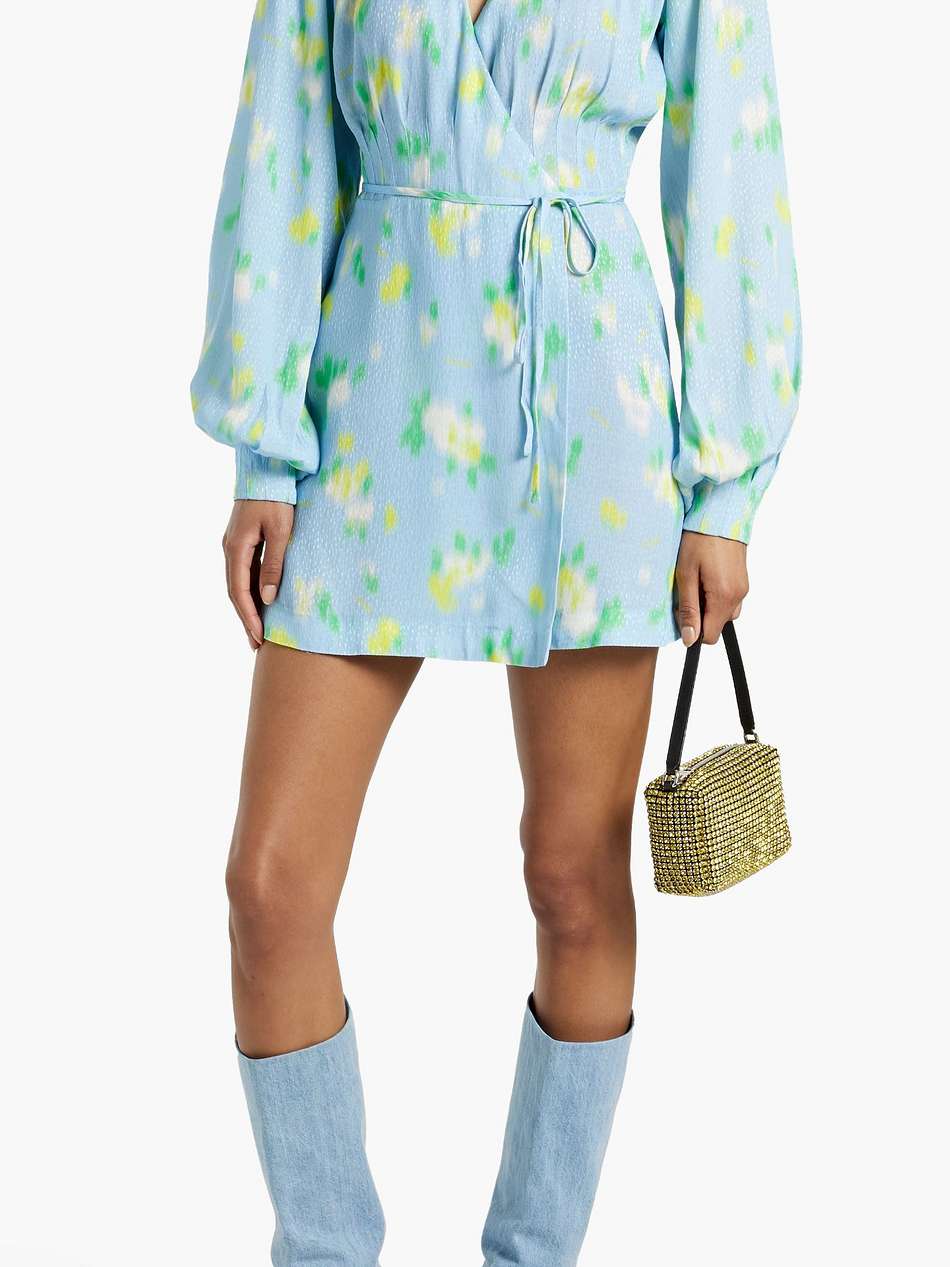 pleated printed jacquard mini wrap dress