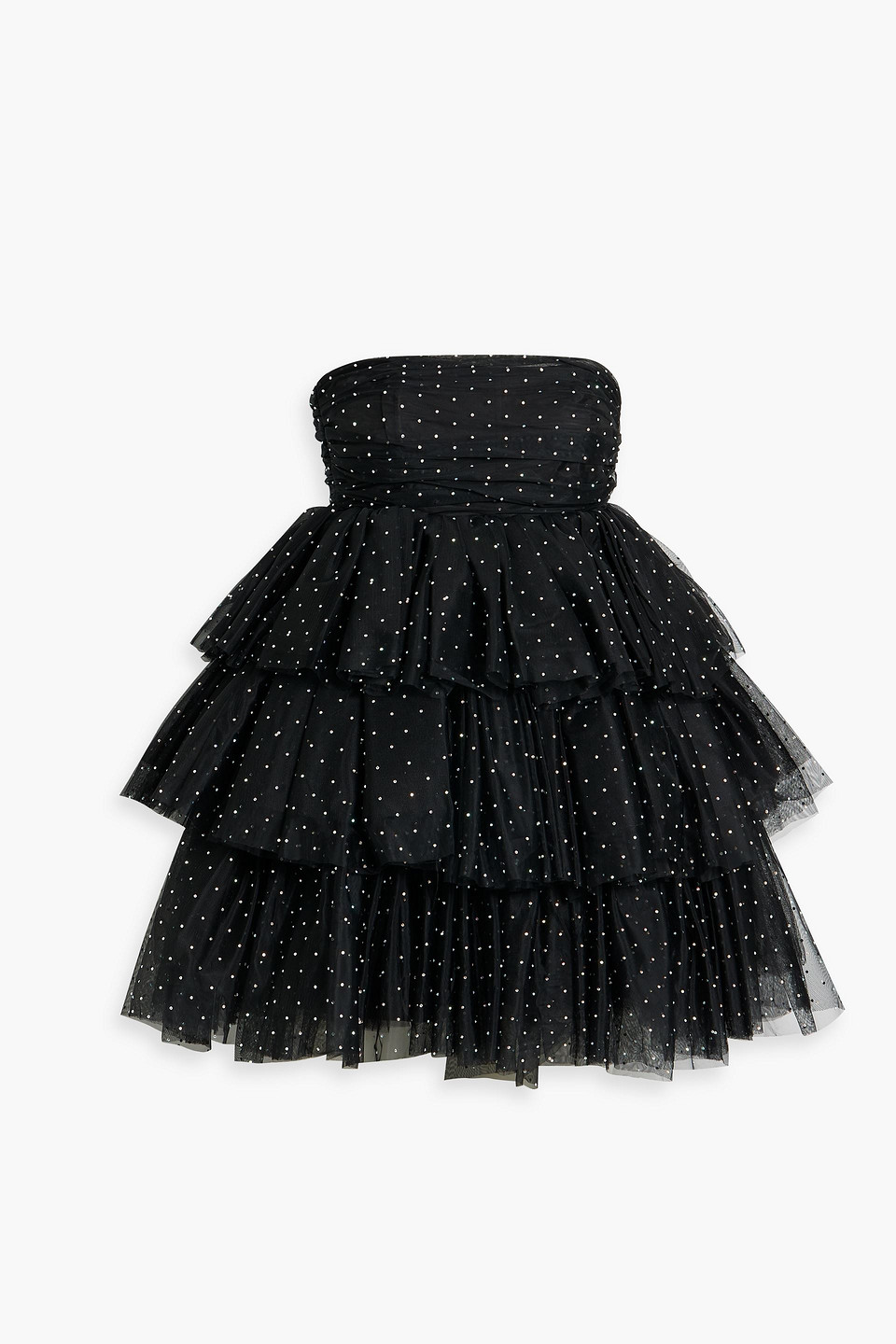Shop Rotate Birger Christensen Strapless Tiered Crystal-embellished Tulle Mini Dress In Black