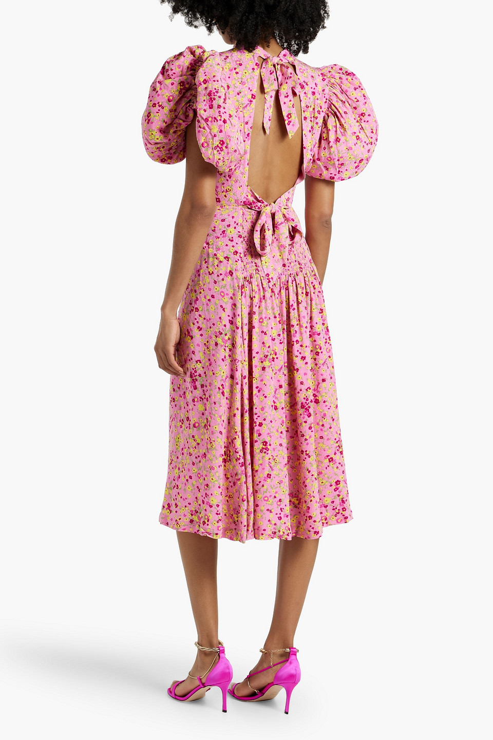 Shop Rotate Birger Christensen Floral-print Jacquard Midi Dress In Pink