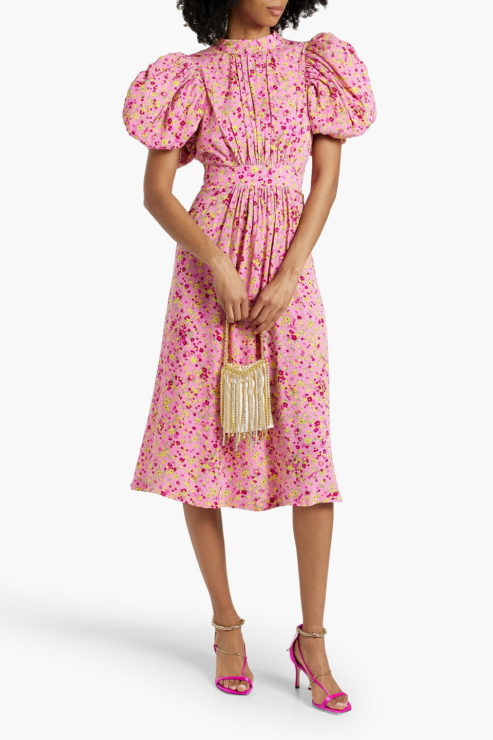 Shop Rotate Birger Christensen Floral-print Jacquard Midi Dress In Pink