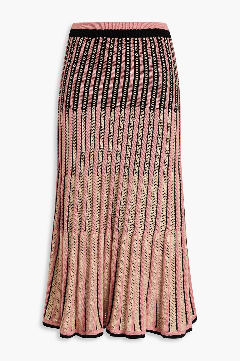 Zimmermann Ribbed Pointelle-knit Cotton-blend Midi Skirt In Brown