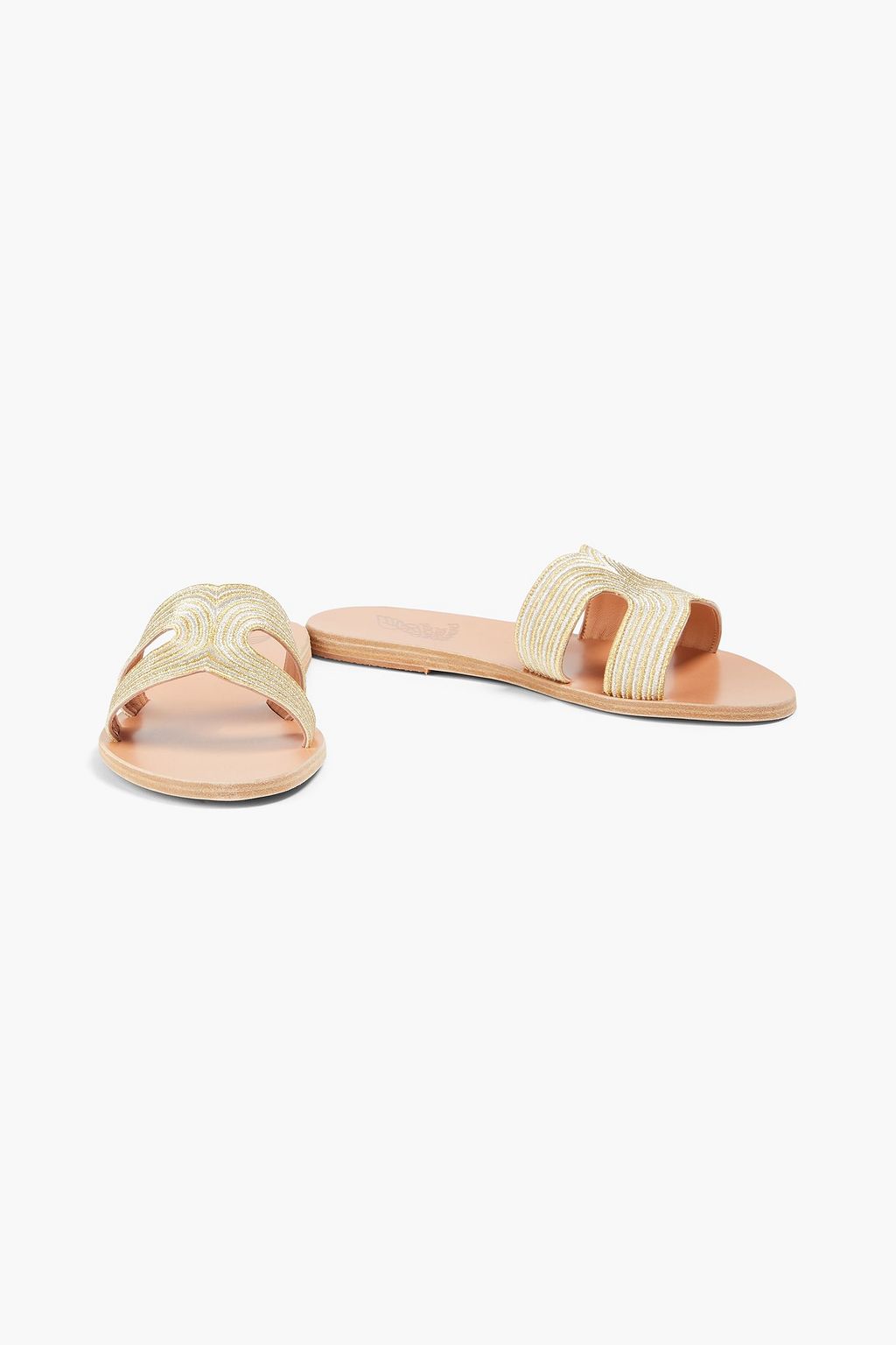 ANCIENT GREEK SANDALS صندل "كينتيما" من الجلد بتصميم مطرّز بلون معدني