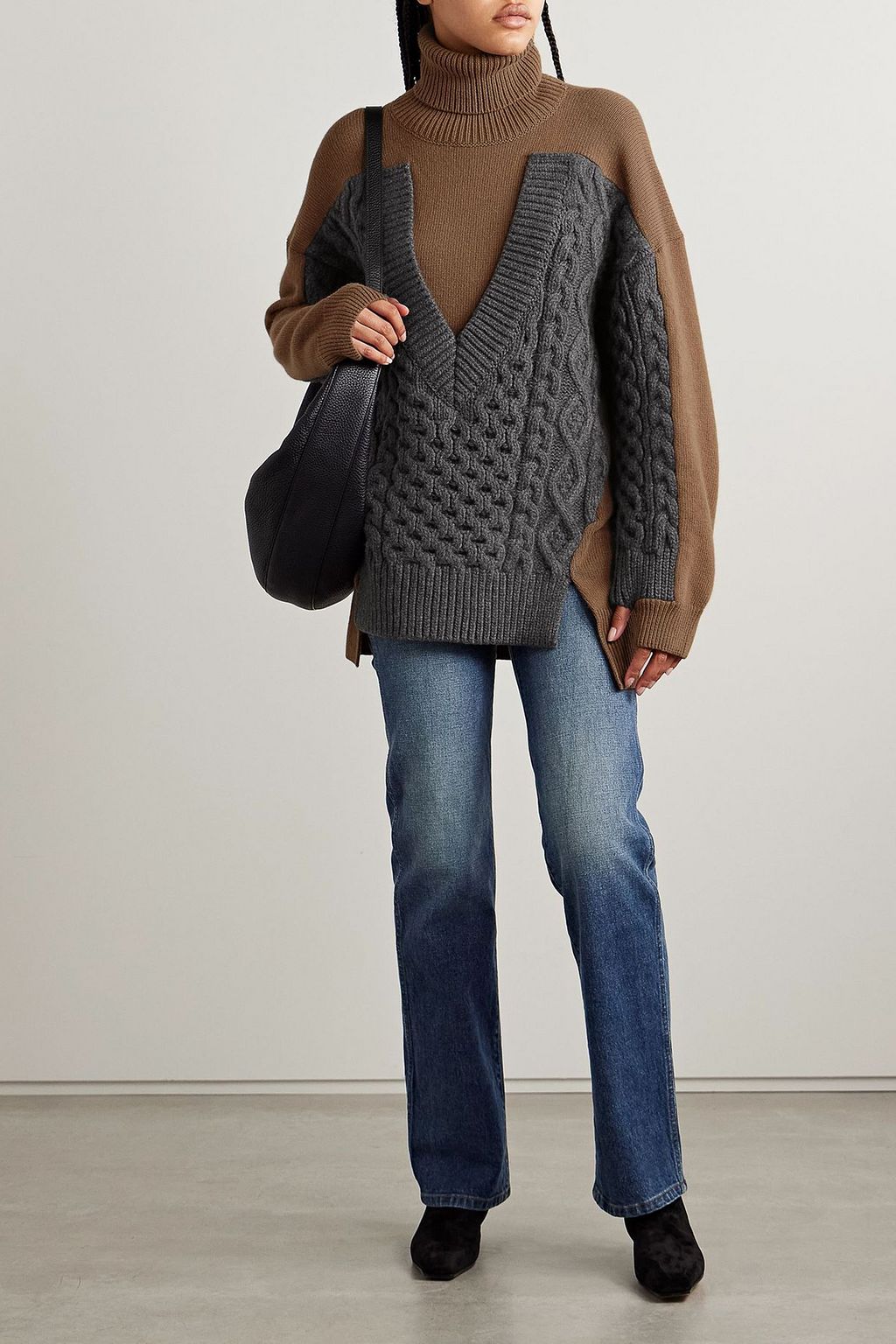 STELLA MCCARTNEY Paneled ribbed and cable-knit wool turtleneck sweater