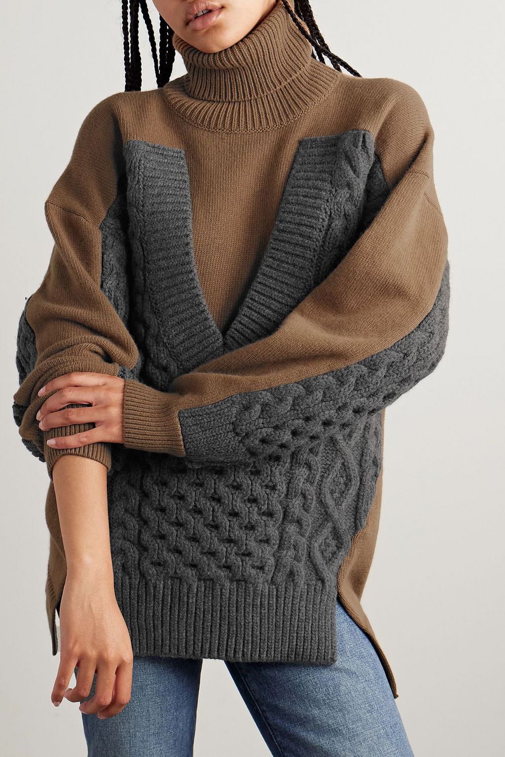 STELLA MCCARTNEY Paneled ribbed and cable-knit wool turtleneck sweater