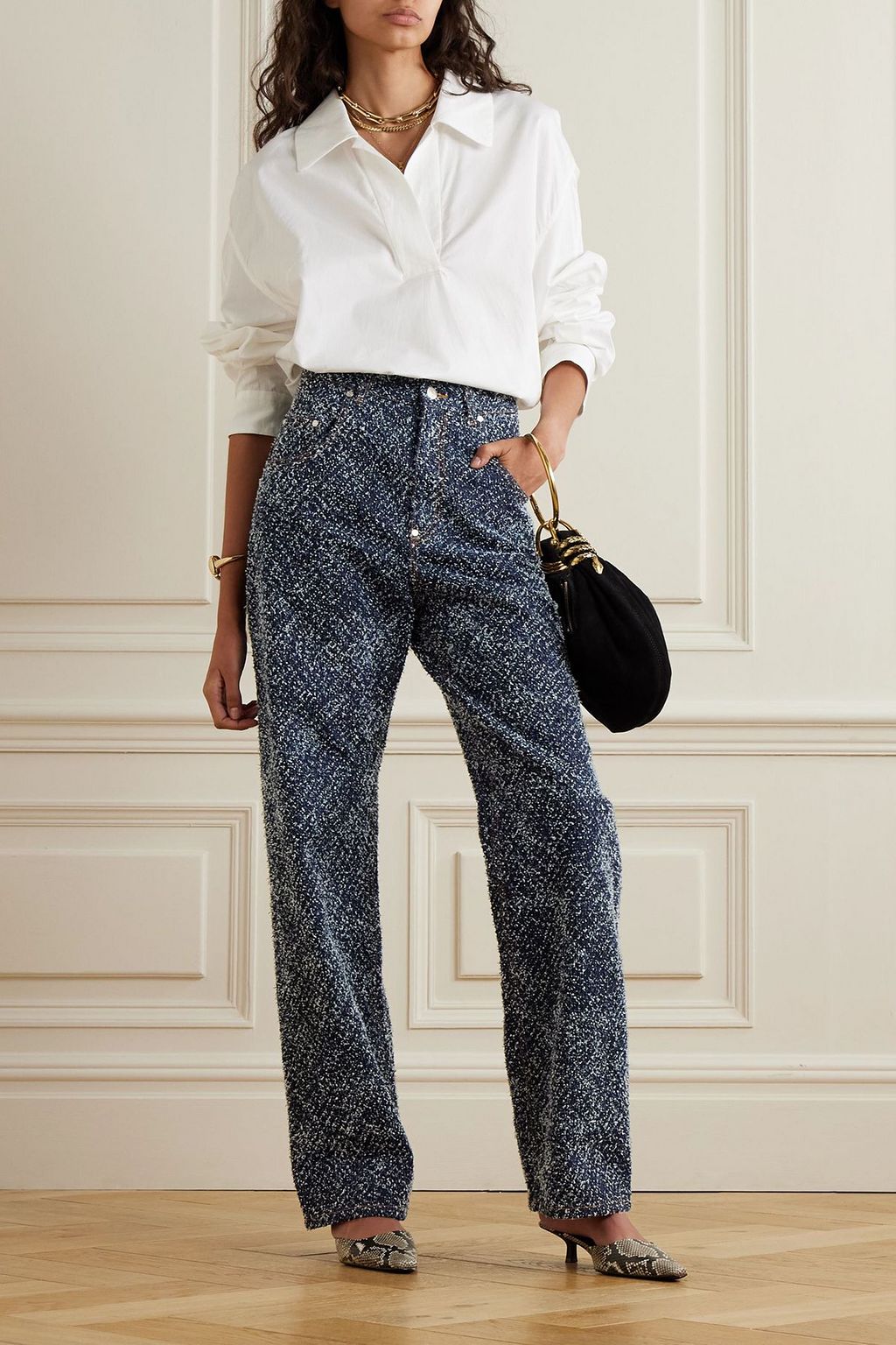 STELLA MCCARTNEY Denim-bouclé high-rise straight-leg jeans