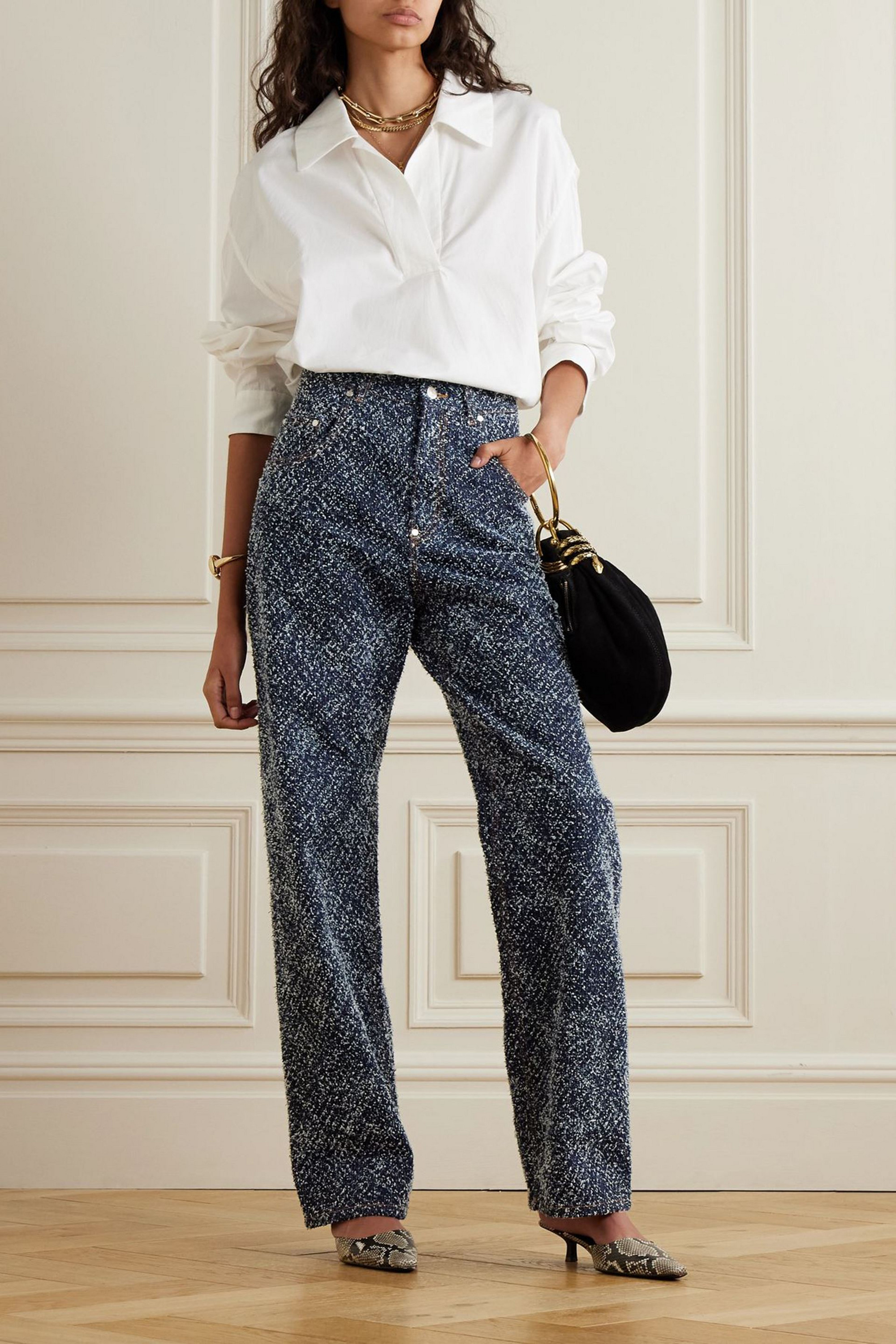 Stella McCartney Denim-bouclé high-rise straight-leg jeans
