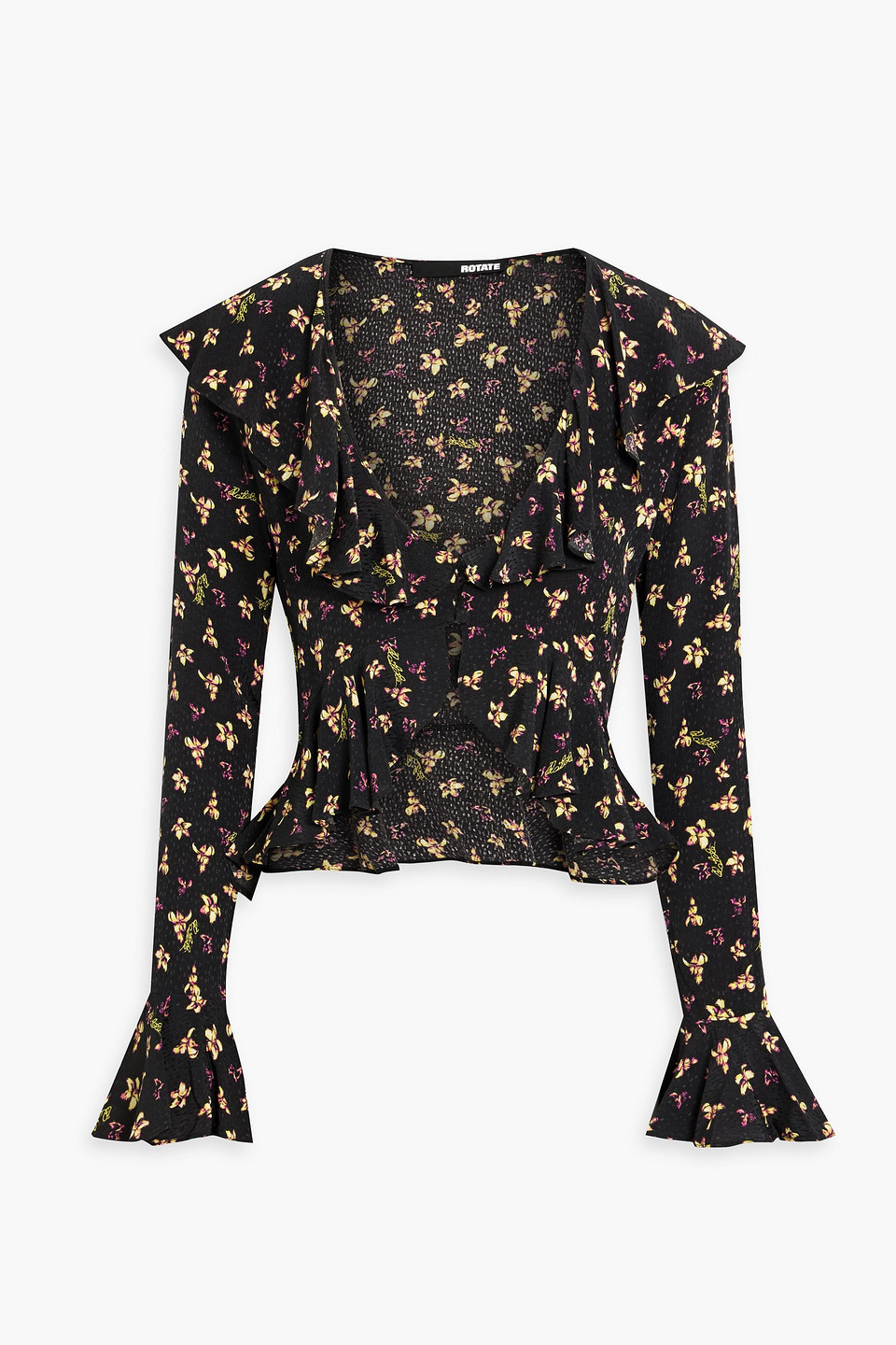 Rotate Birger Christensen Cropped Ruffled Floral-print Jacquard Top In Black