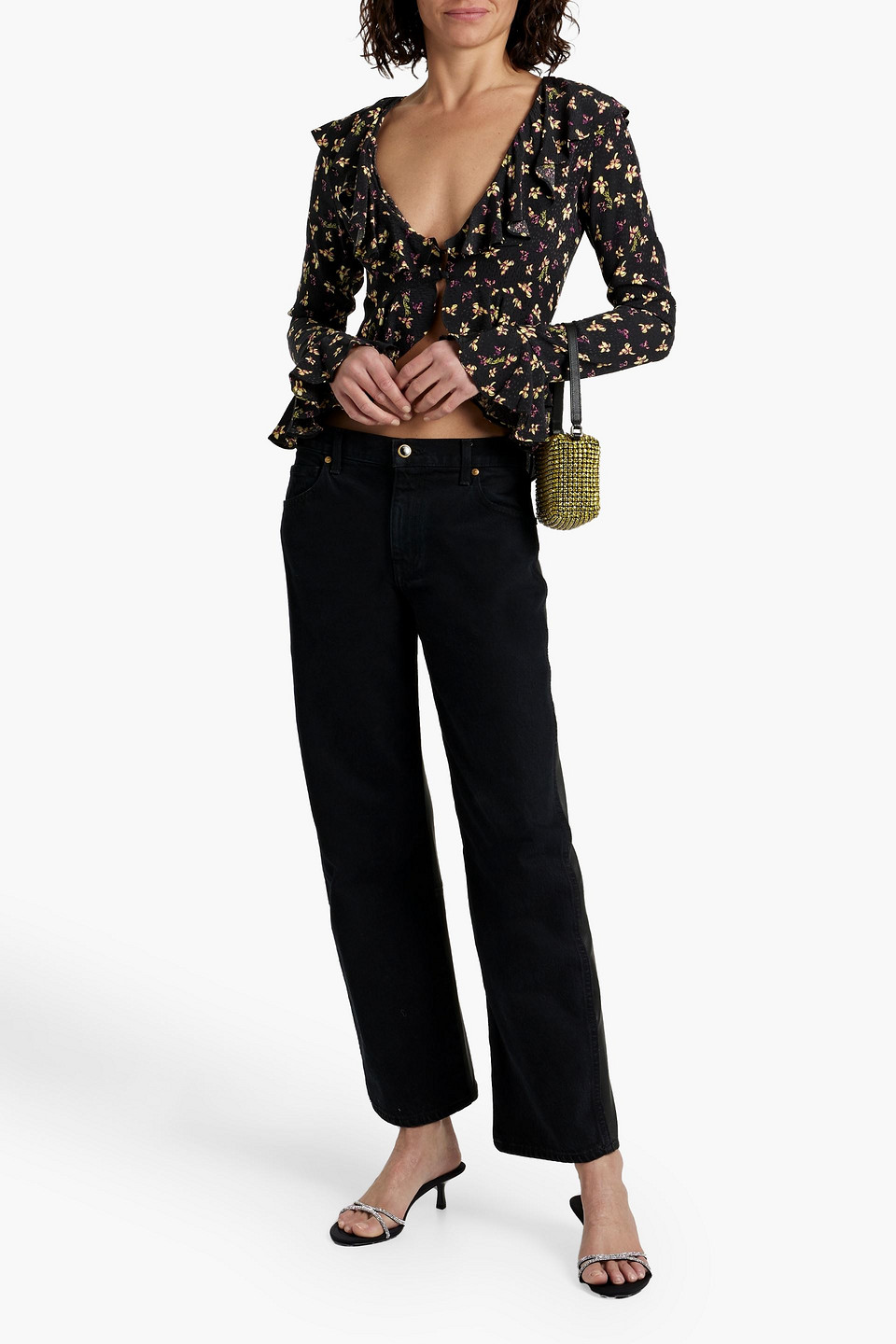 Rotate Birger Christensen Cropped Ruffled Floral-print Jacquard Top In Black