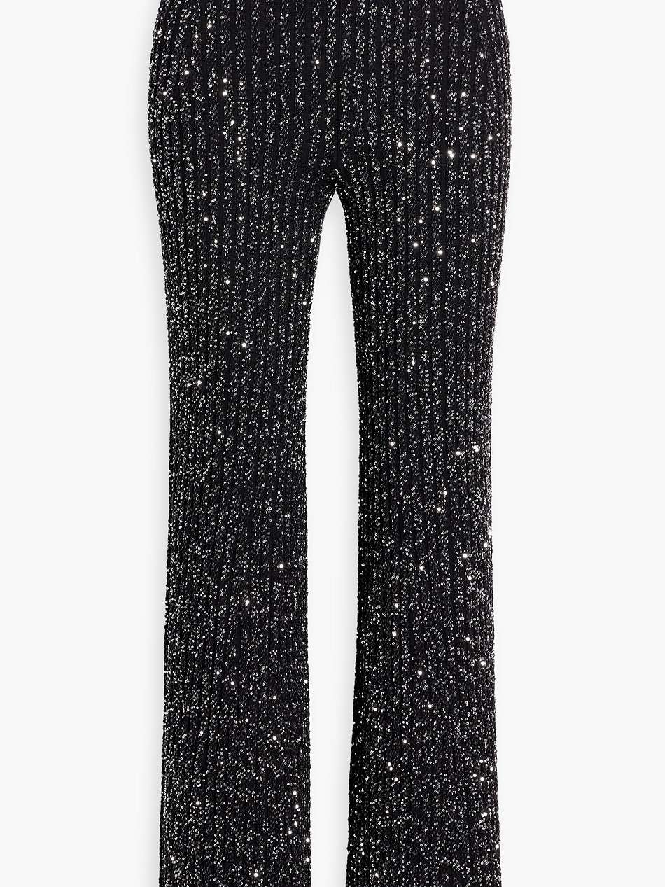 sequin-embellished crochet-knit flared pants