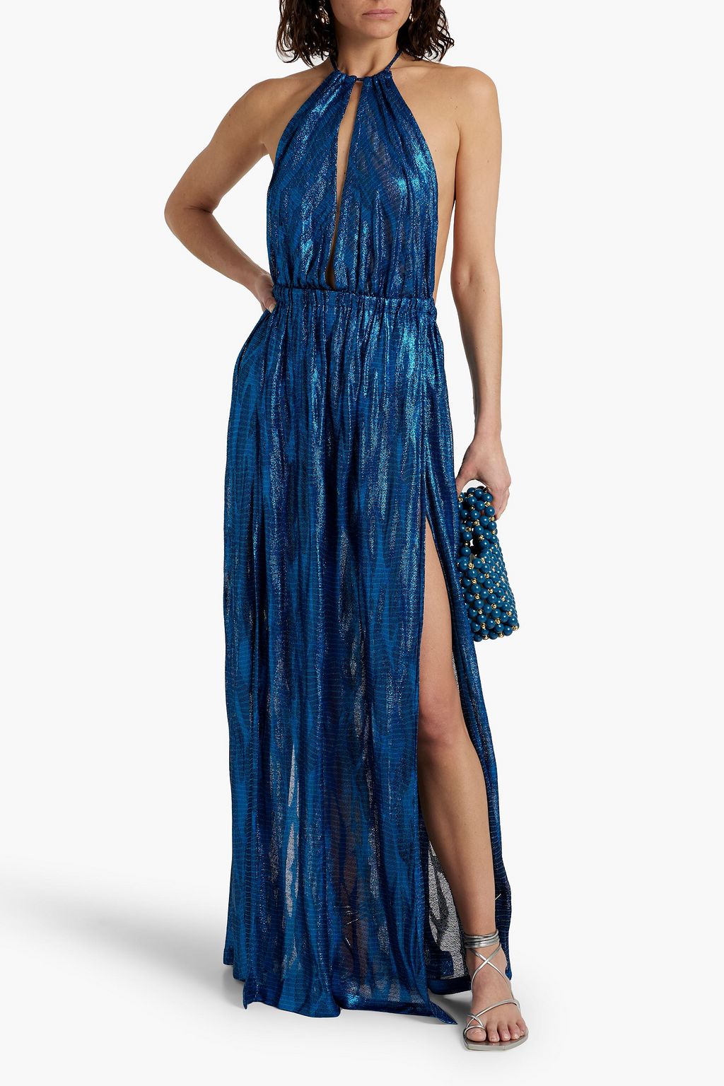 MISSONI 메탈릭 크로셰 니트 홀터넥 맥시 드레스