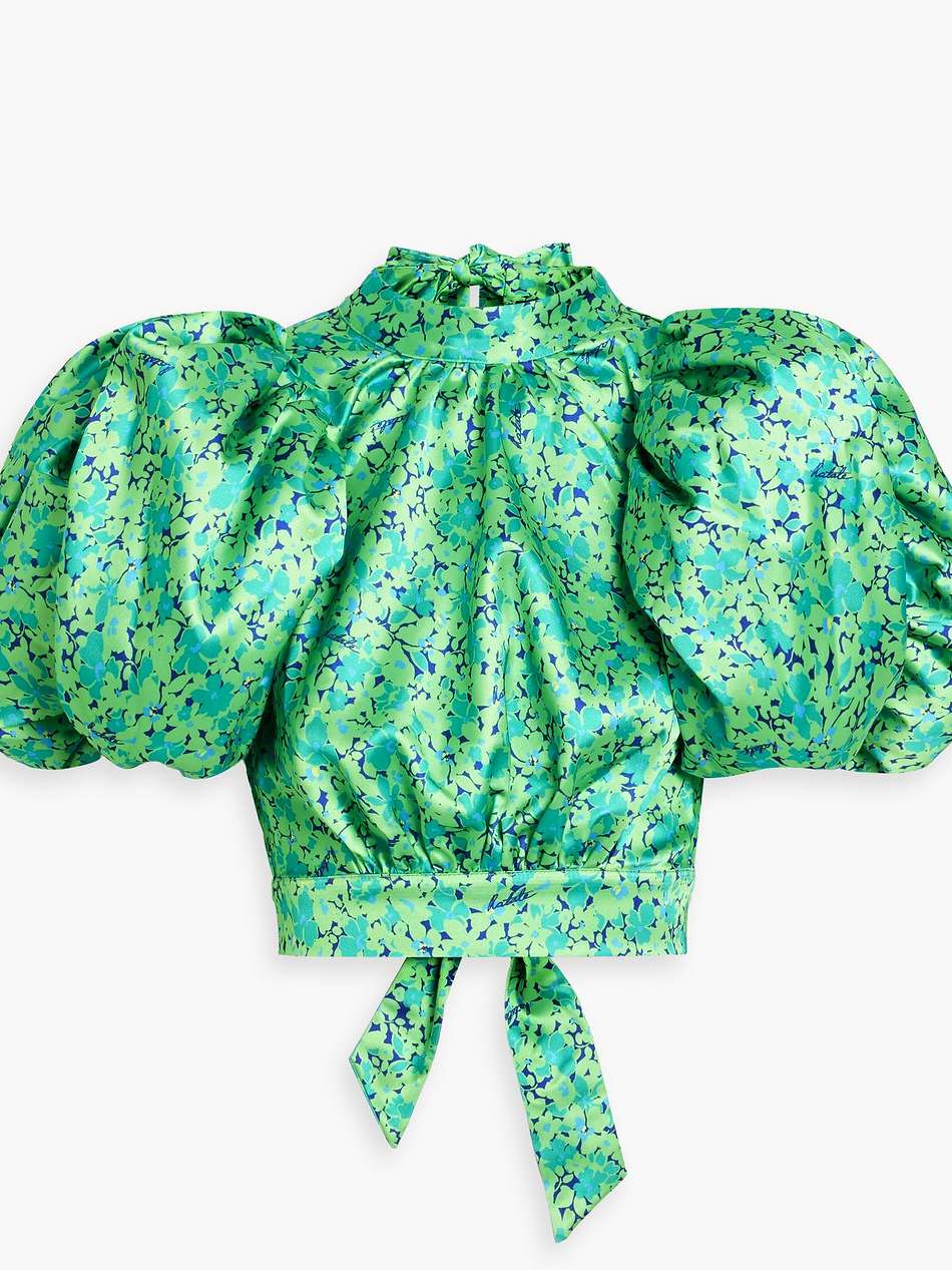 cropped cutout floral-print satin top