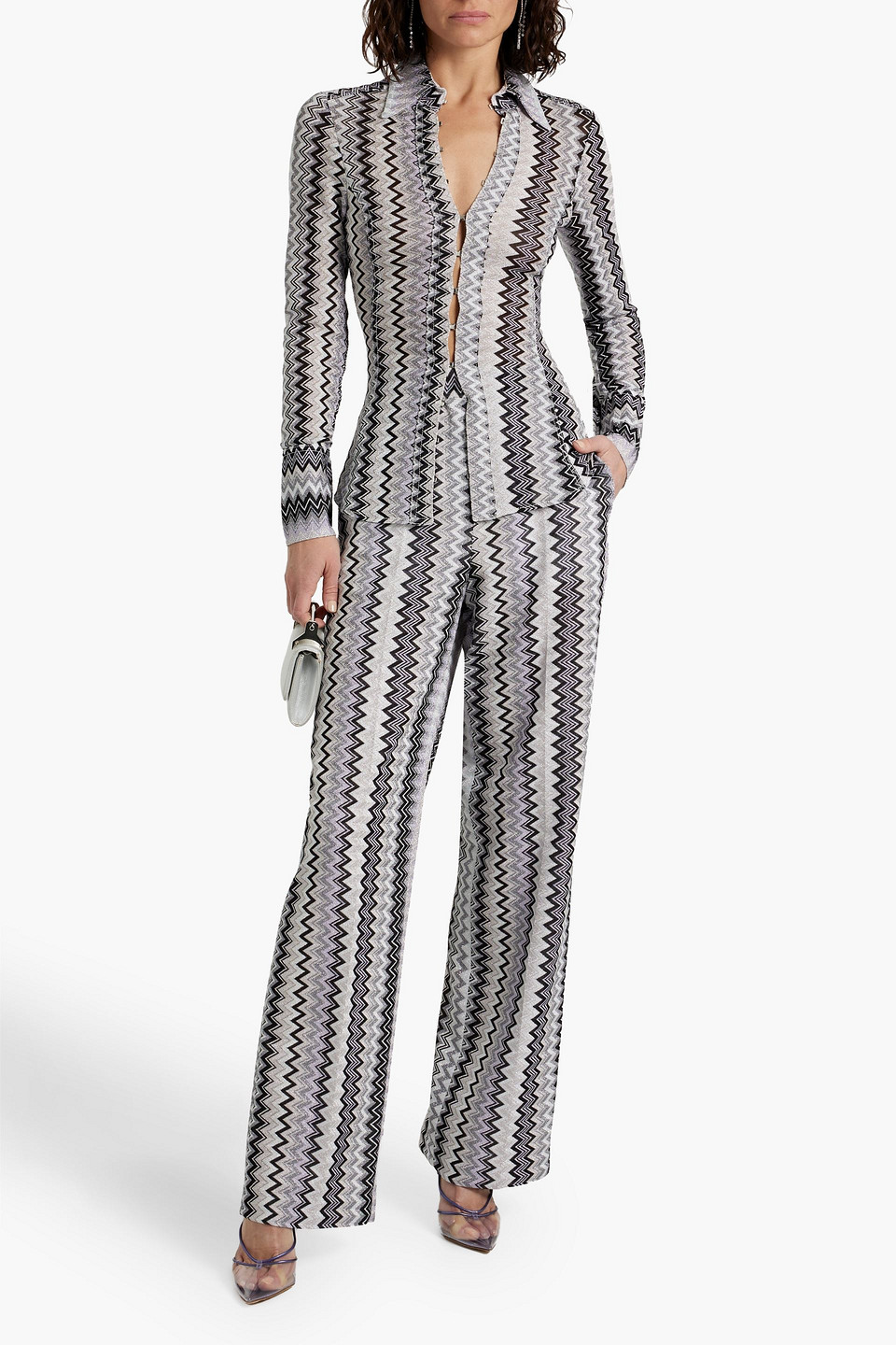 Shop Missoni Metallic Crochet-knit Straight-leg Pants In Silver