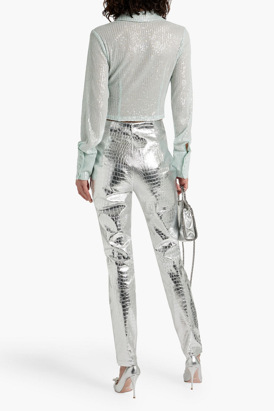 Rotate Birger Christensen Metallic Faux Croc-effect Leather Slim-leg Pants In Silver