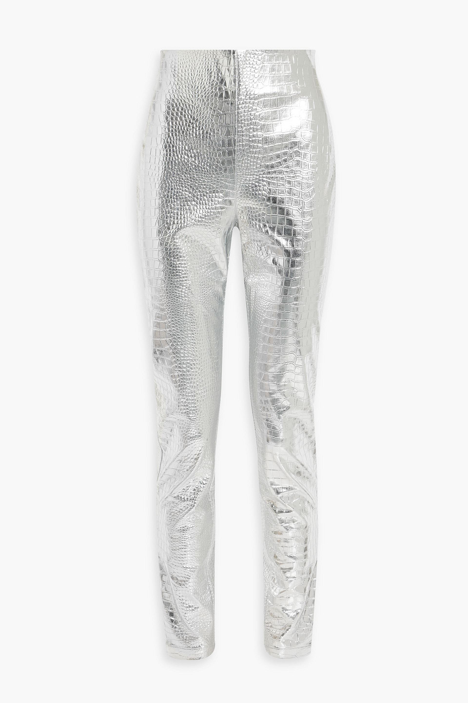 Metallic faux croc-effect leather slim-leg pants