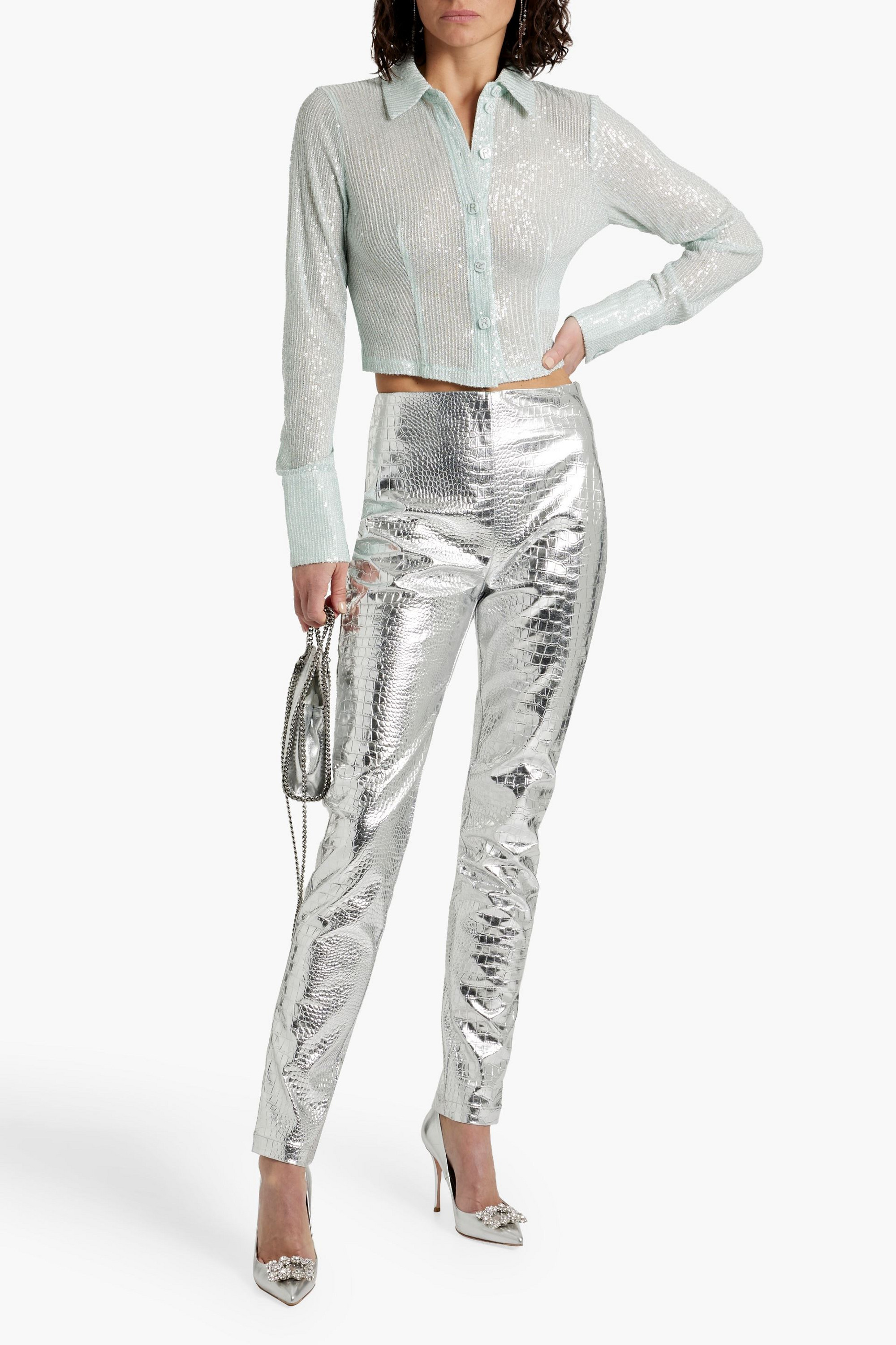 ROTATE Birger Christensen Metallic croc-effect slim-leg pants