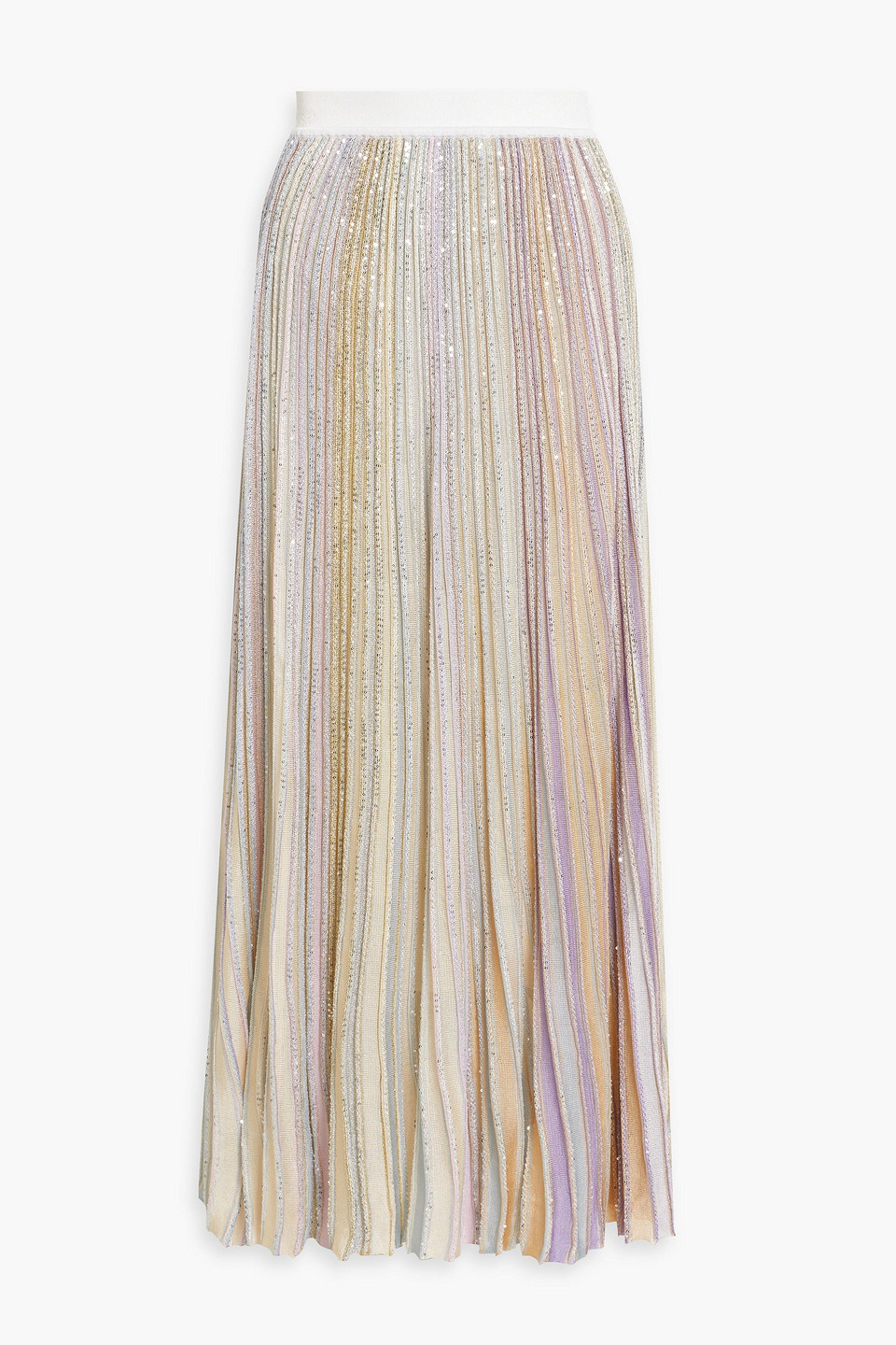 MISSONI SEQUIN-EMBELLISHED STRIPED RIBBED-KNIT MAXI SKIRT