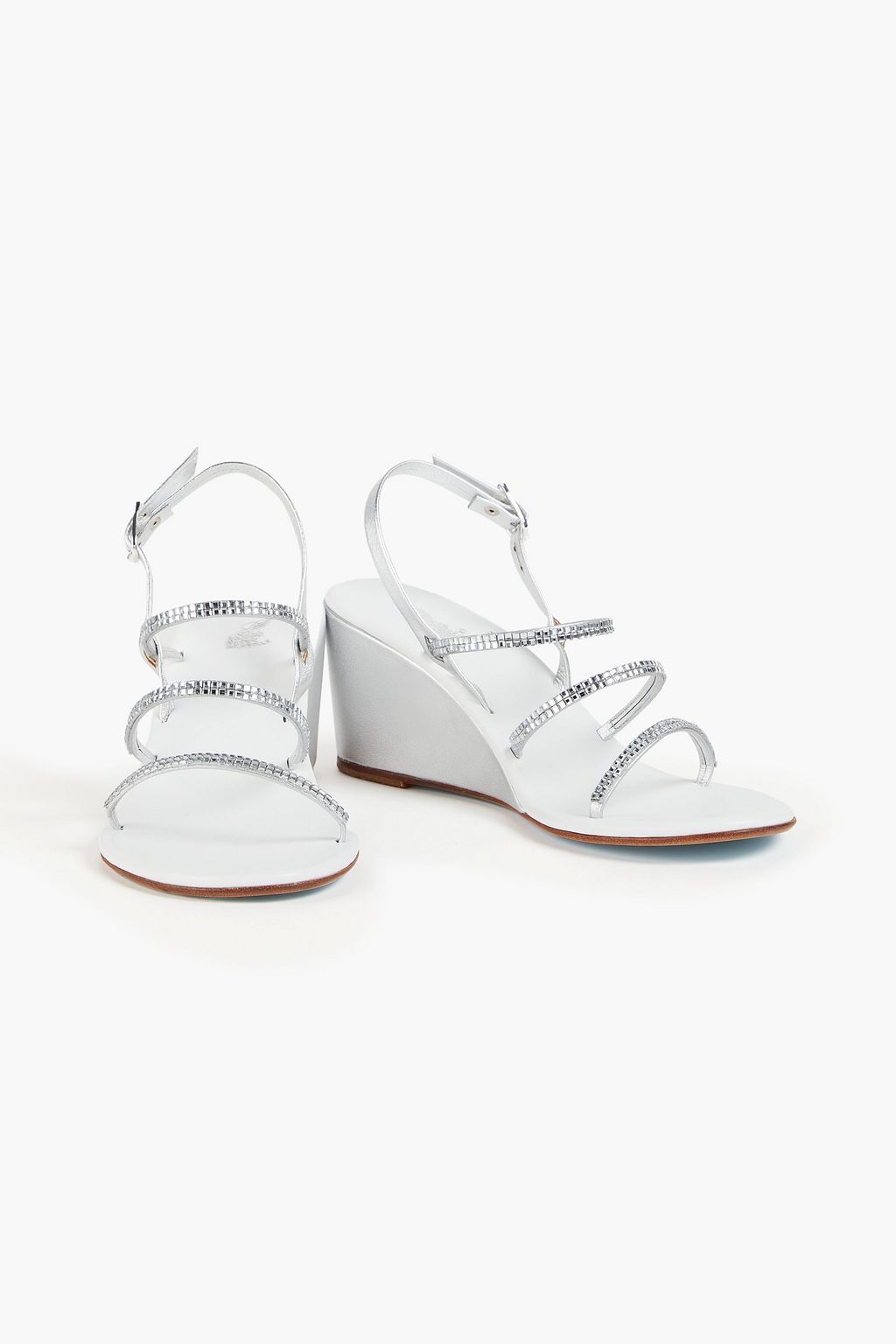 ANCIENT GREEK SANDALS صندل "إيفي" من الجلد بكعب ويدج ومزين بالكريستال بلون معدني