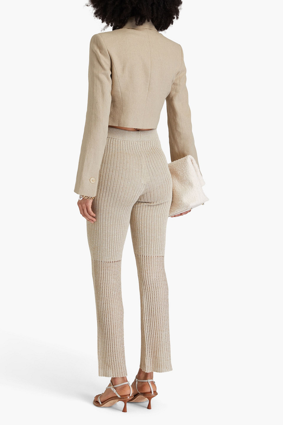 Shop Nanushka Karine Ribbed And Pointelle-knit Slim-leg Pants In Beige