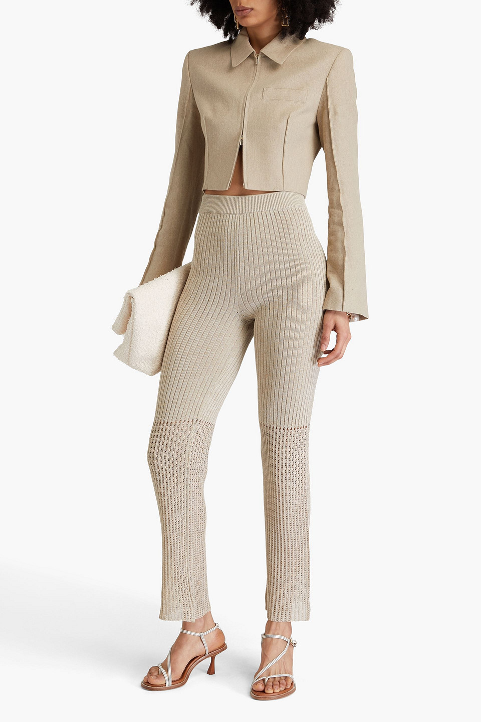 Shop Nanushka Karine Ribbed And Pointelle-knit Slim-leg Pants In Beige