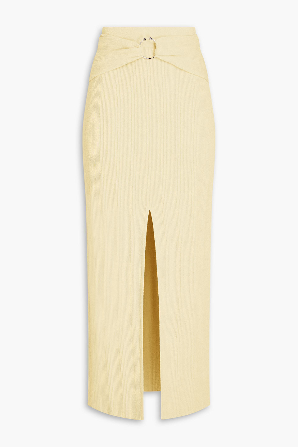 Nanushka Muyta Ring Embellished Ribbed Cotton-blend Midi Skirt In Pastel Yellow