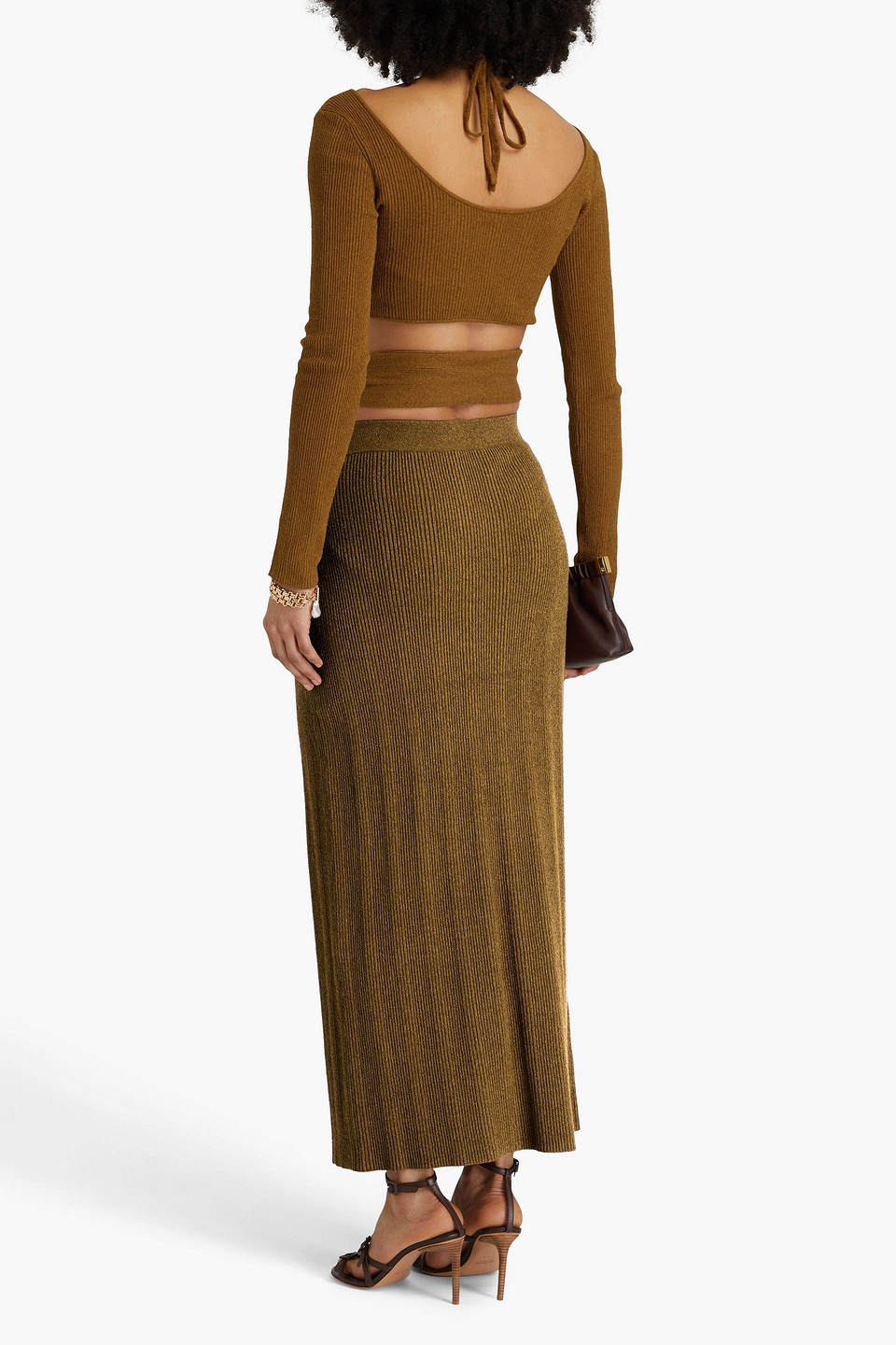 Nanushka Muyta Ring Embellished Ribbed Cotton-blend Midi Skirt In Army Green
