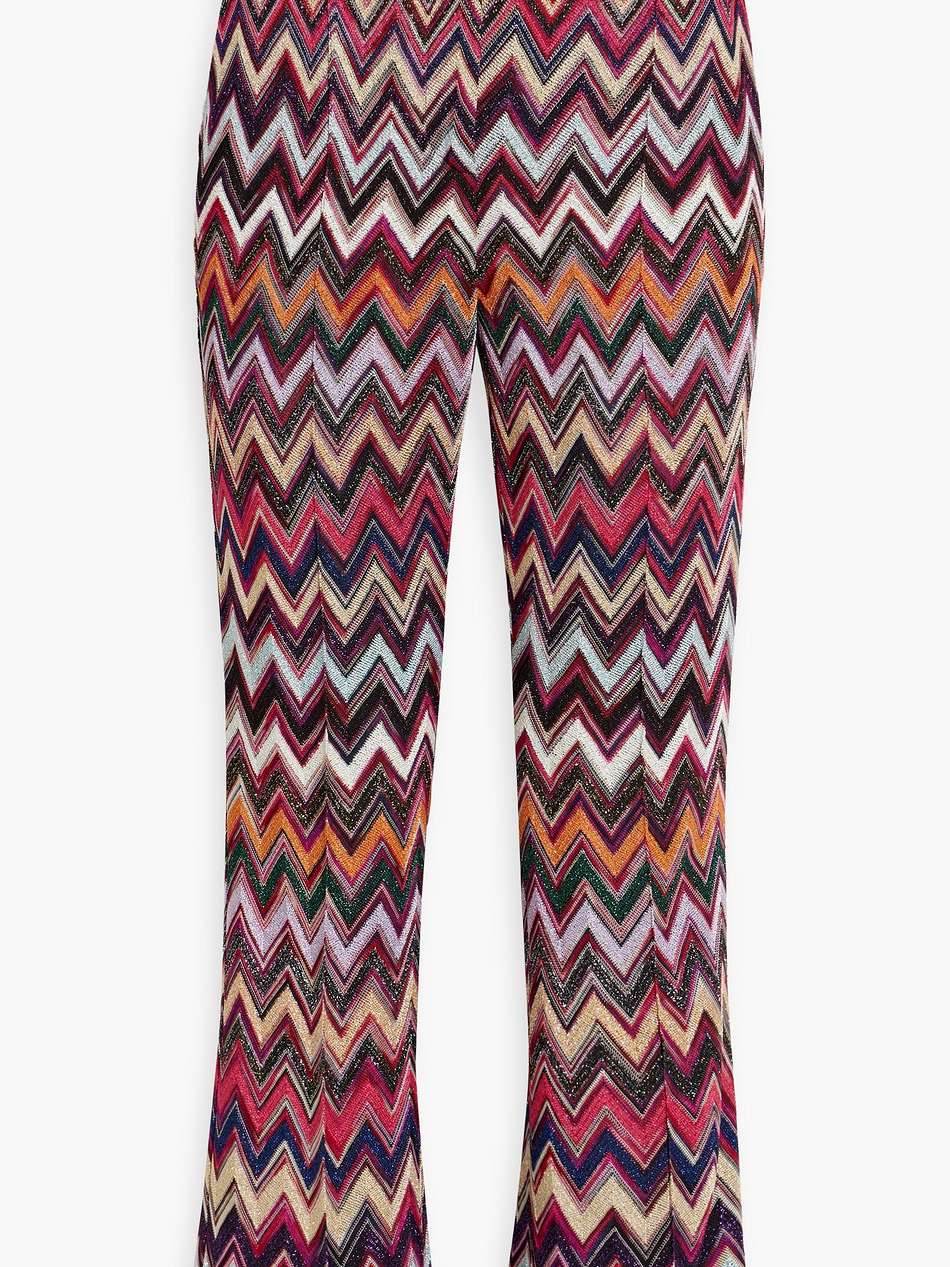 metallic crochet-knit flared pants