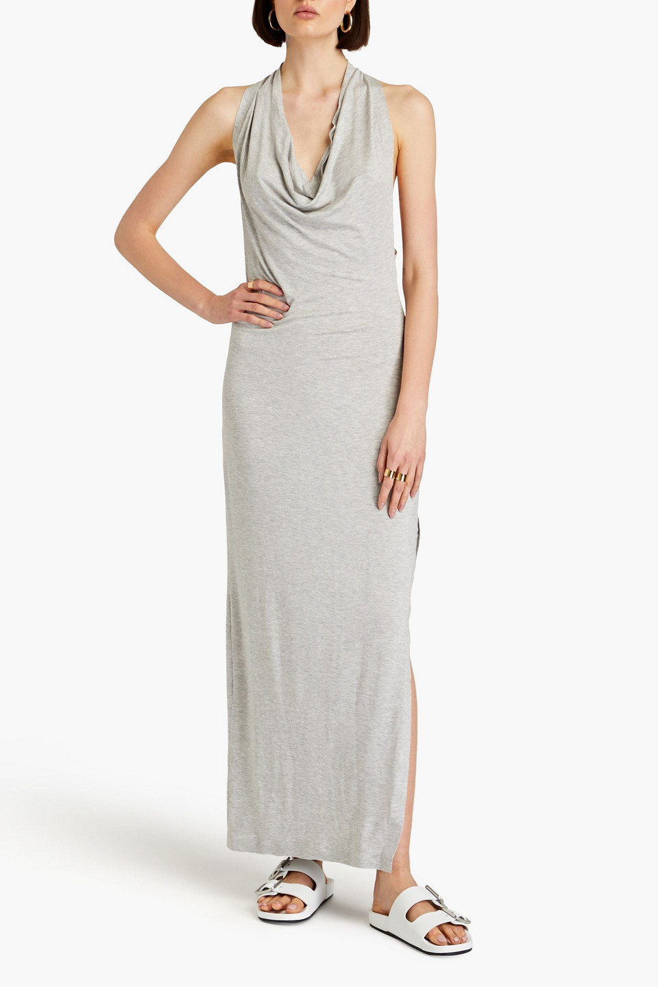 Shop Omo By Norma Kamali Neeta Draped Jersey Maxi Dress In Light Gray