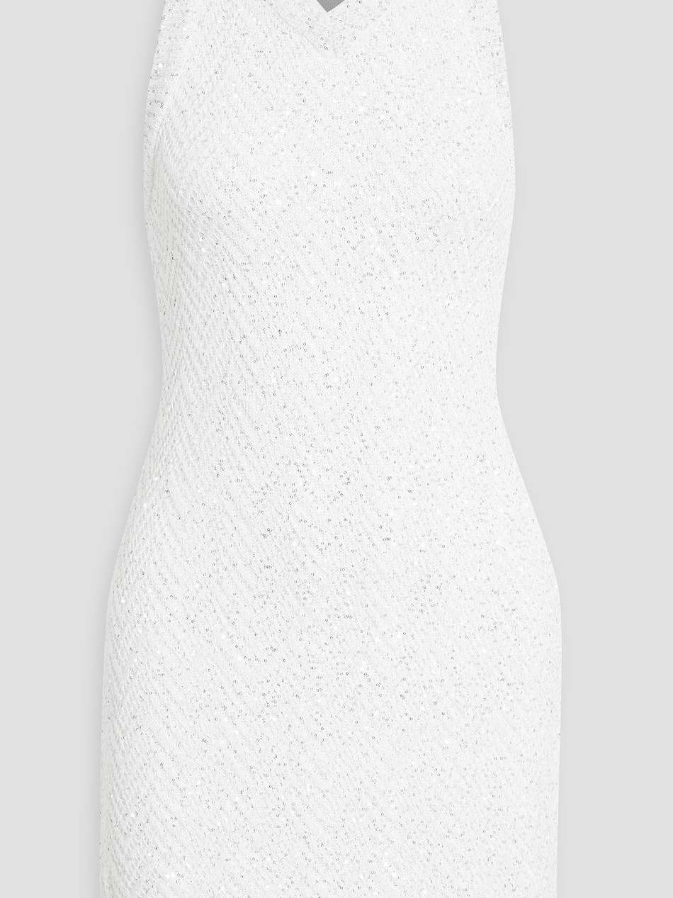 sequin-embellished crochet-knit mini dress
