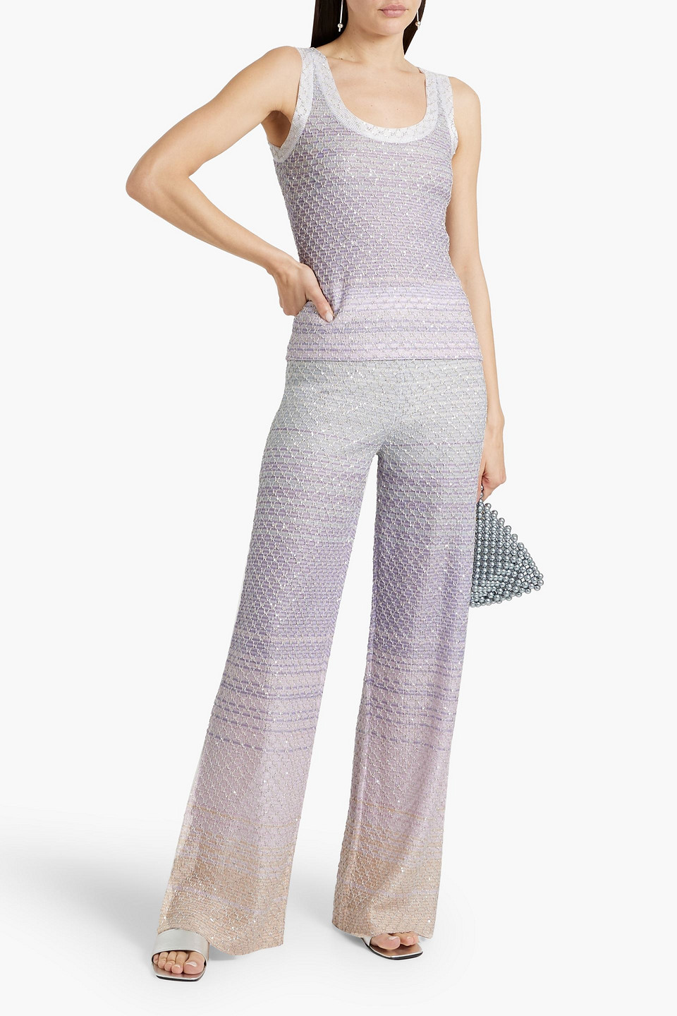 Shop Missoni Sequin-embellished Striped Crochet-knit Wide-leg Pants In Lavender