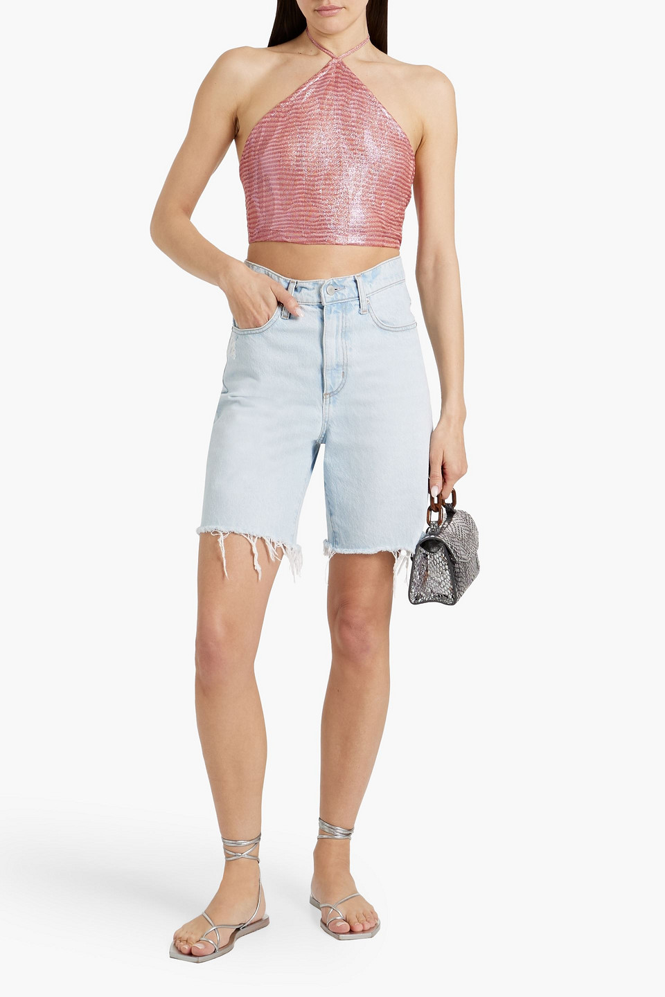 Shop Missoni Cropped Metallic Crochet-knit Halterneck Top In Pink