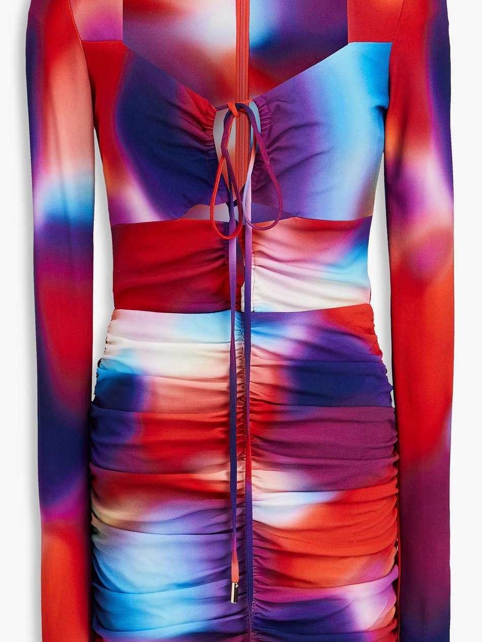del prado ruched cutout printed mini dress