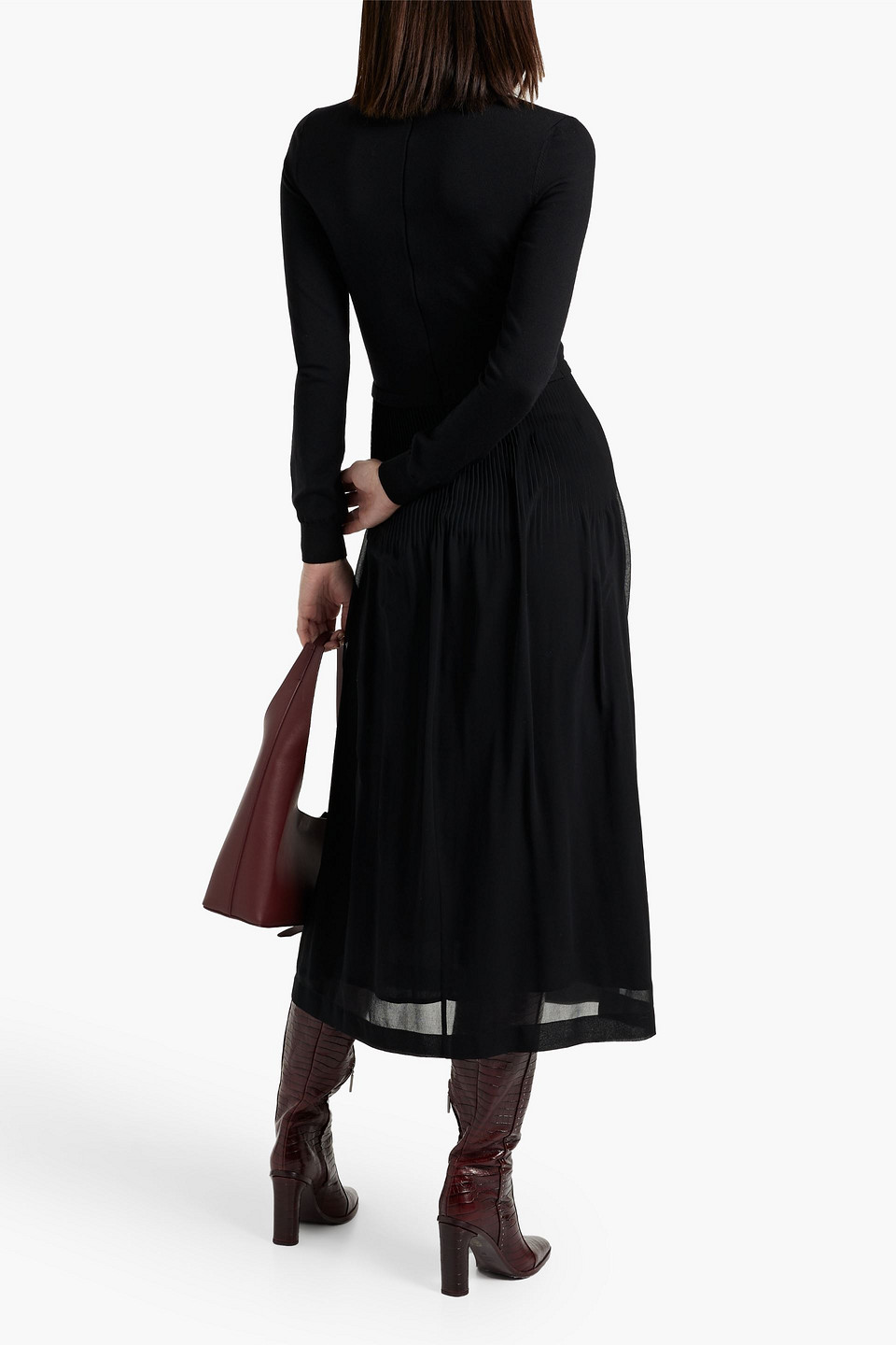 Max Mara Gilles Pleated Chiffon-paneled Wool-blend Midi Dress In Black