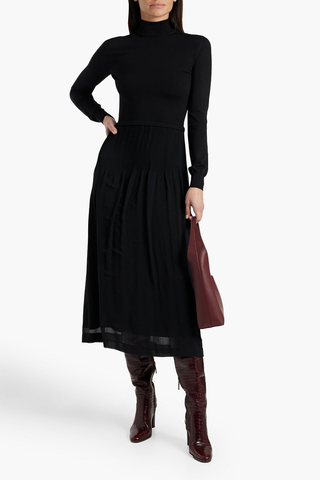 MAX MARA Gilles pleated chiffon-paneled wool-blend midi dress