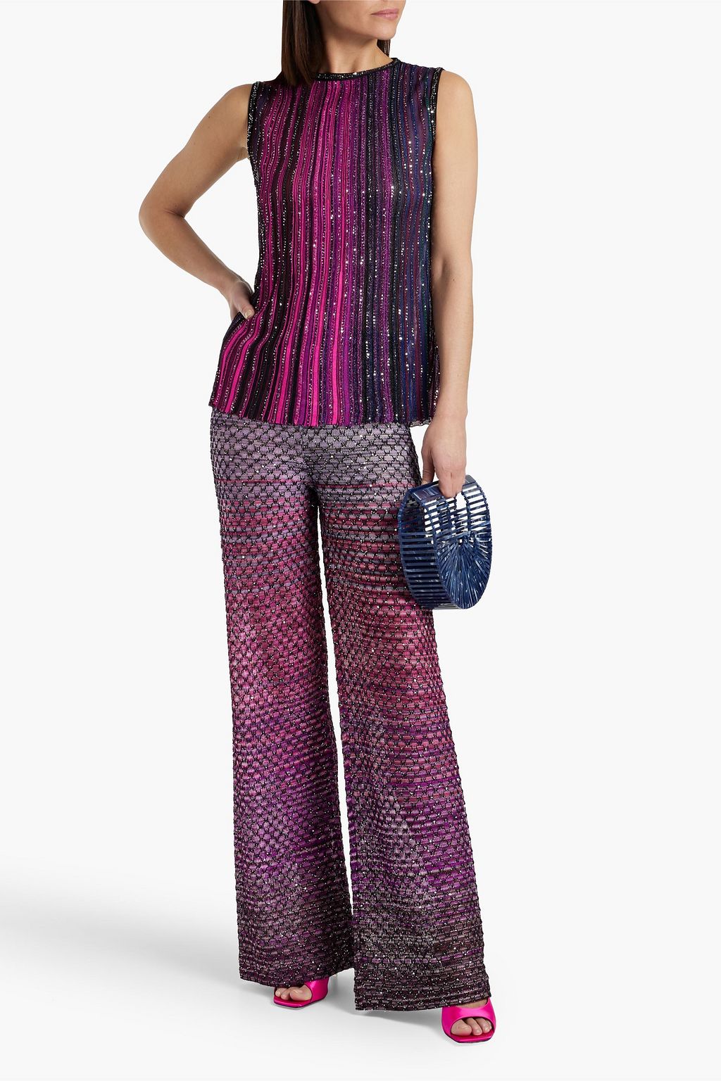 MISSONI Sequin-embellished striped crochet-knit wide-leg pants