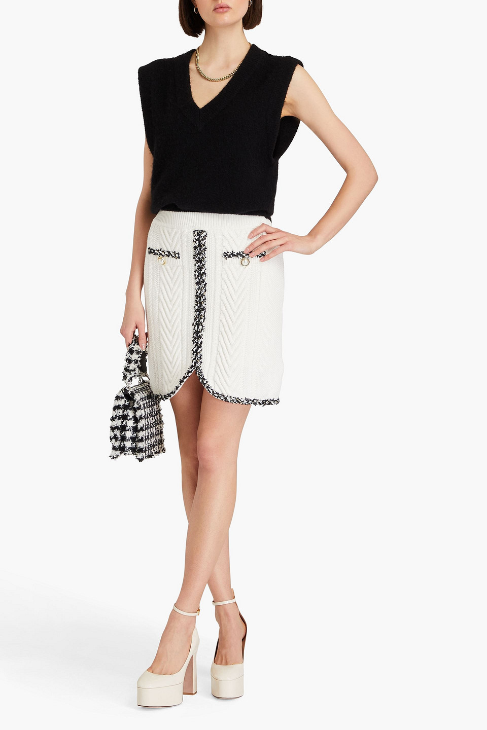 Shop Rebecca Vallance Demi Cable-knit Cotton Mini Skirt In Ivory