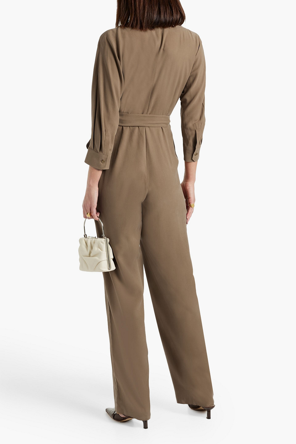 Shop Max Mara Wrap-effect Belted Silk Jumpsuit In Taupe