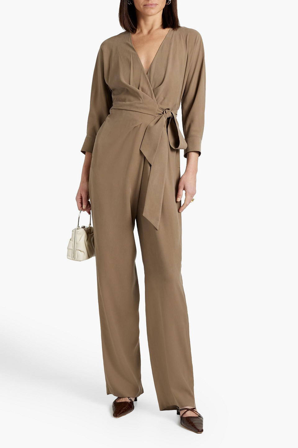 Shop Max Mara Wrap-effect Belted Silk Jumpsuit In Taupe