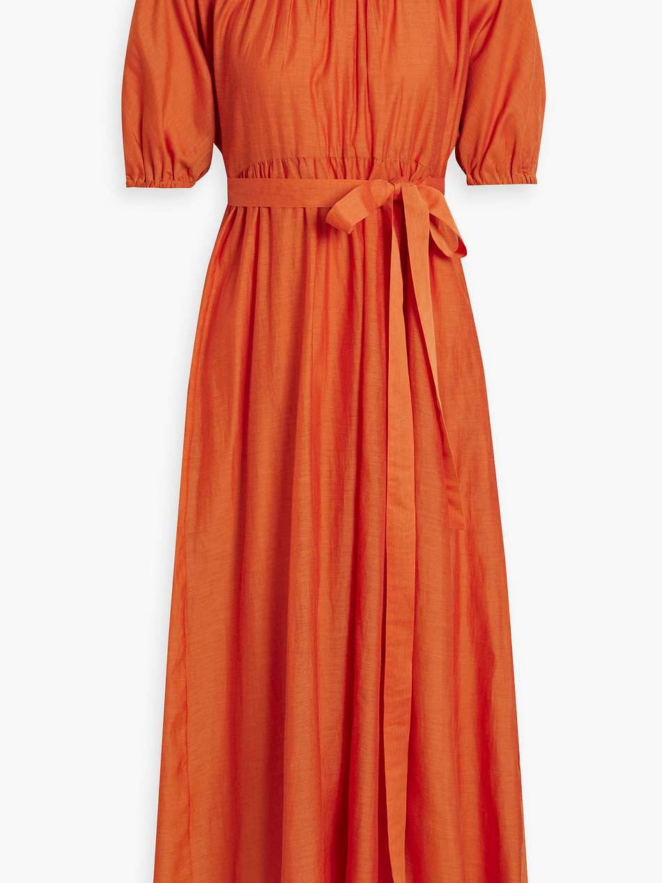 belted gathered cotton and silk-blend midi dress