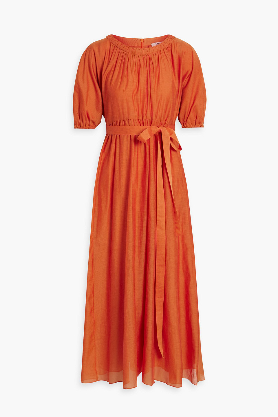 Max Mara Belted Gathered Cotton And Silk-blend Midi Dress In Orange