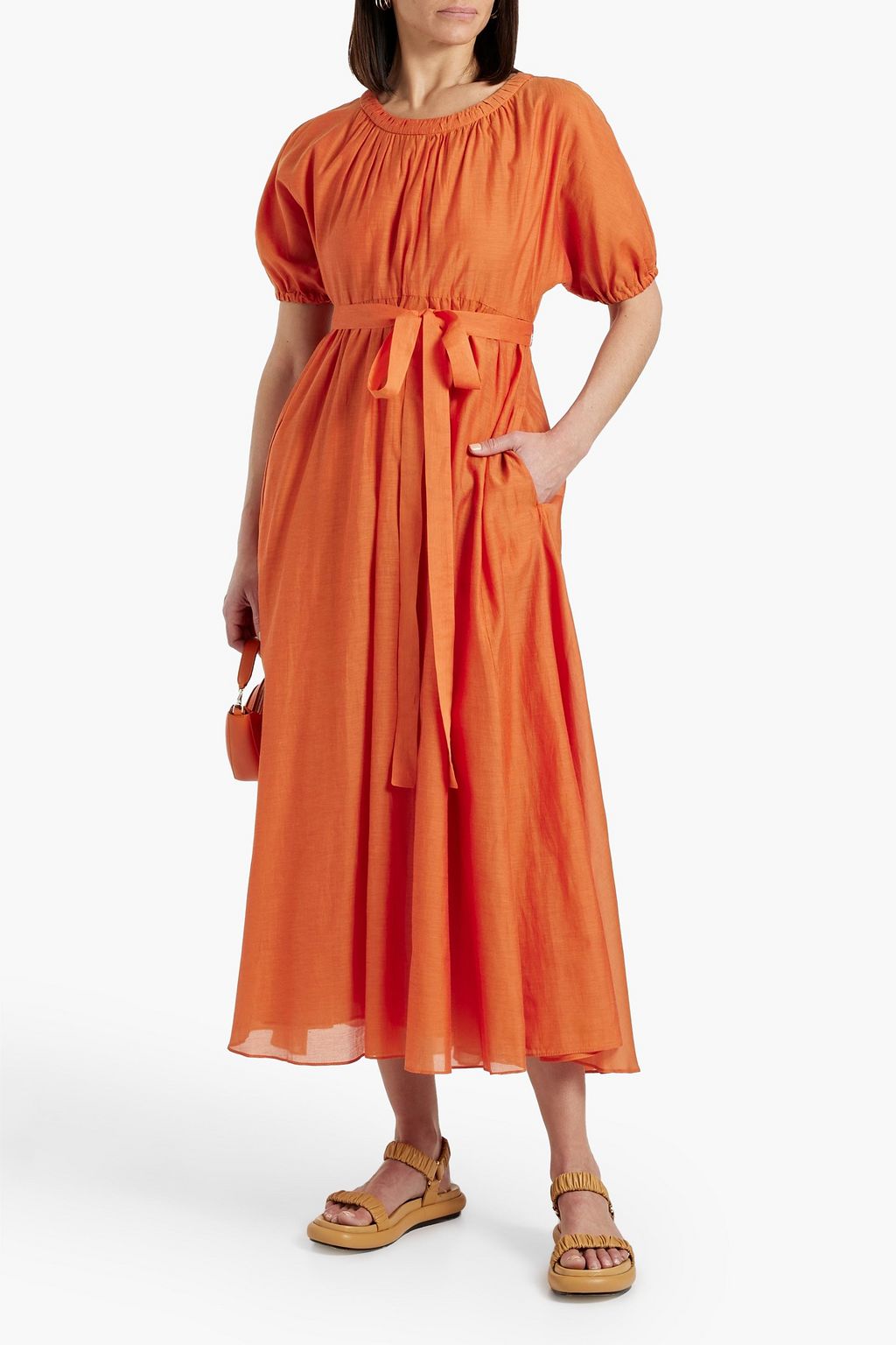 'S MAX MARA Belted gathered cotton and silk-blend midi dress