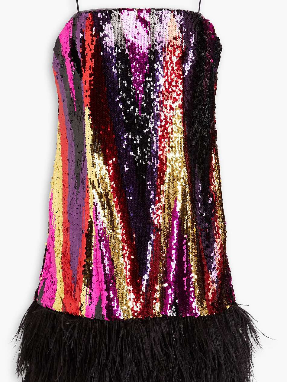 feather-trimmed sequined mesh mini dress
