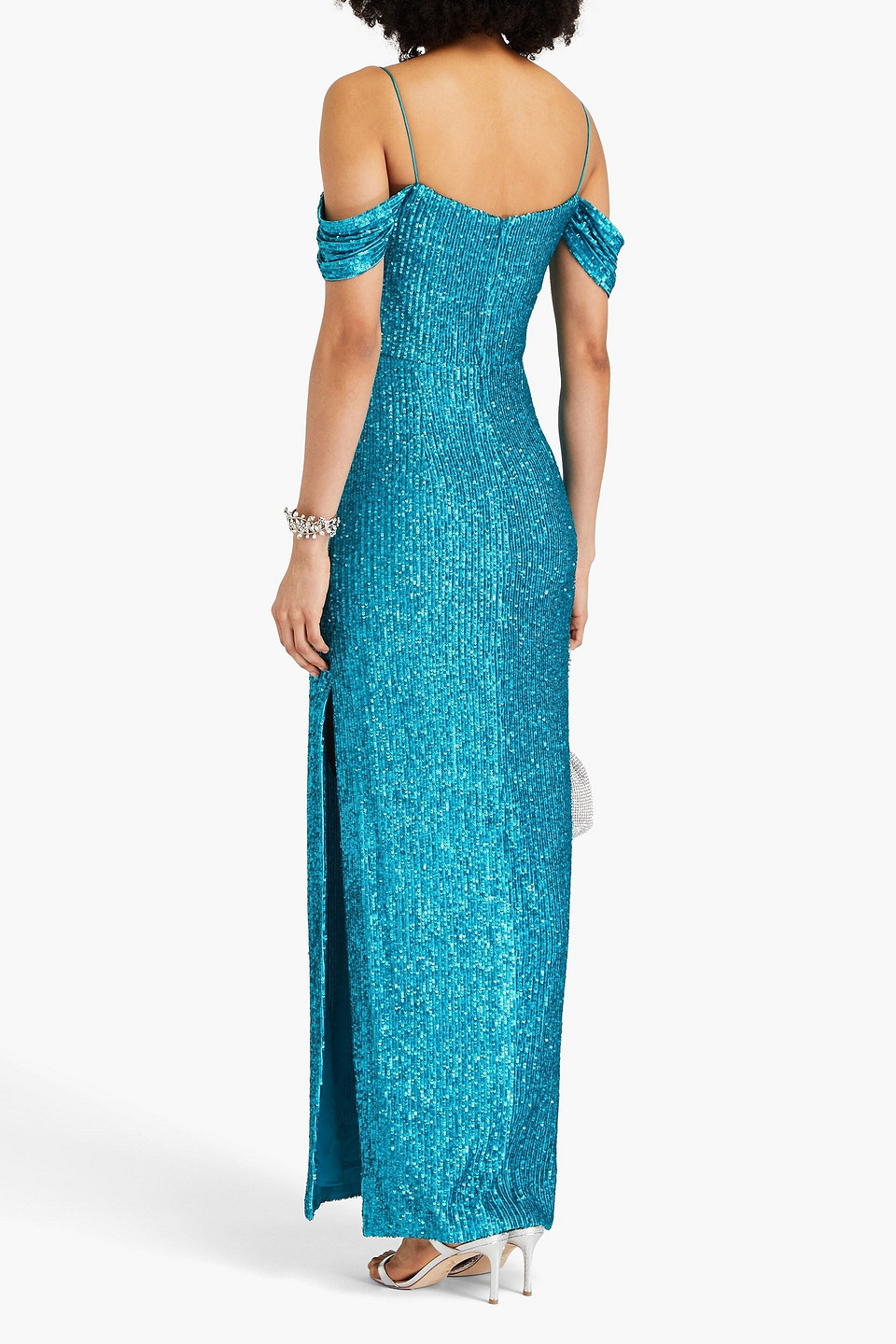 Rebecca Vallance Missing Hours Cold-shoulder Sequined Mesh Gown In Turquoise