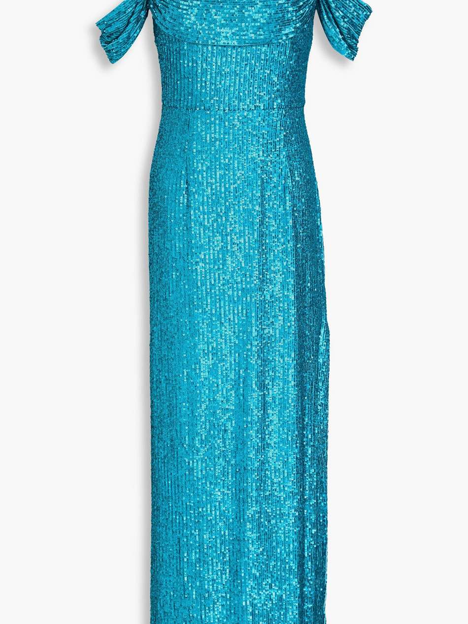 missing hours cold-shoulder sequined mesh gown