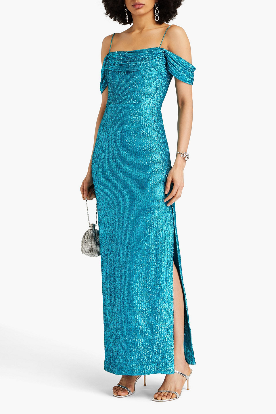 Rebecca Vallance Missing Hours Cold-shoulder Sequined Mesh Gown In Turquoise