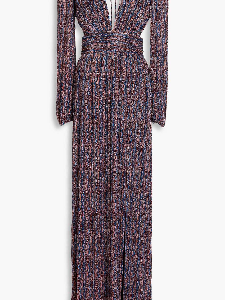 claude metallic printed plissé-jersey gown