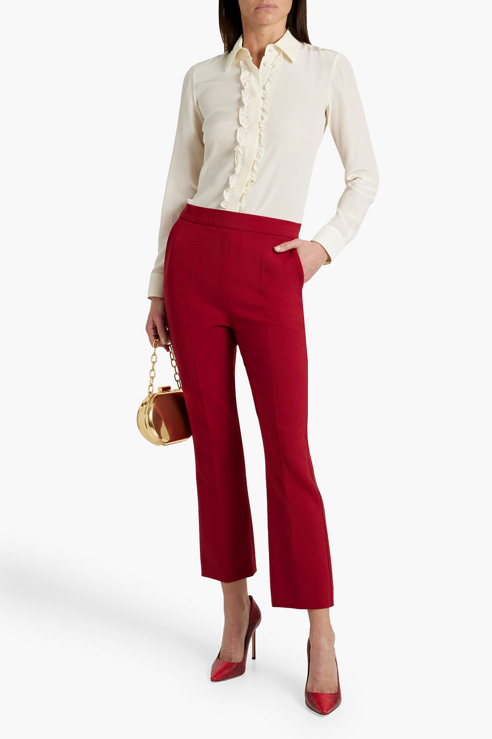 Shop Max Mara Nepeta Grain De Poudre Wool-blend Kick-flare Pants In Red